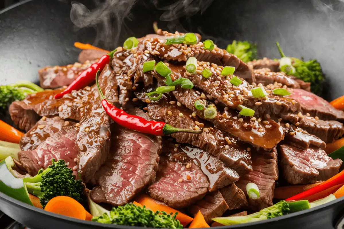 Spicy stir fry beef soy sauce in the wok garnished with sesame seeds and green onions.