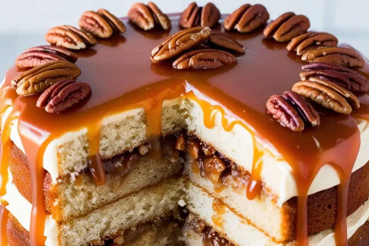 Delicious slice of banana pecan caramel layer cake topped with caramel drizzle and toasted pecans