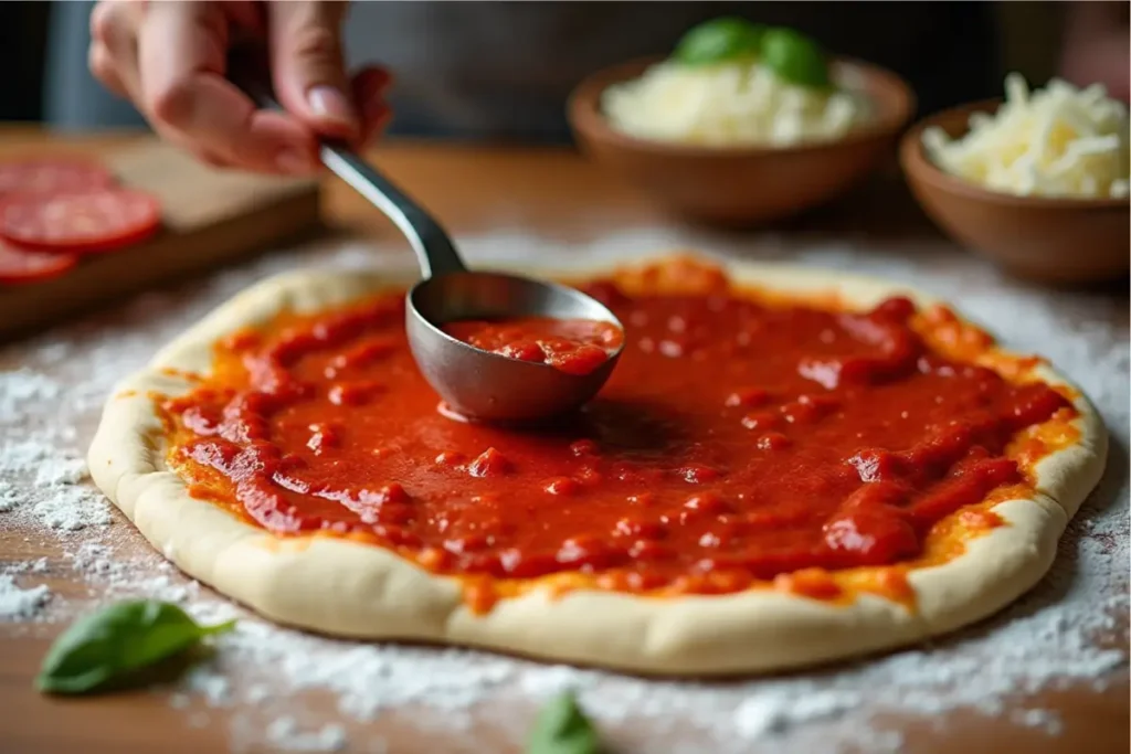 Hands spreading tomato sauce on pizza dough during the preparation of soppressata pizza.