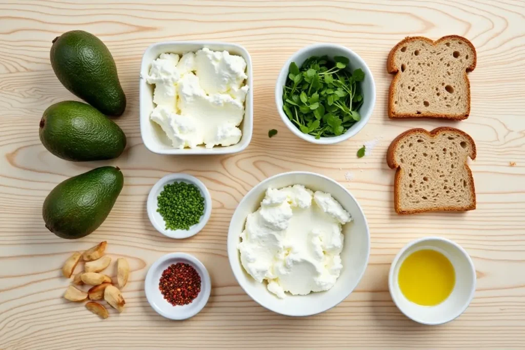 All ingredients for avocado toast with cottage cheese are laid out neatly on a wooden surface.