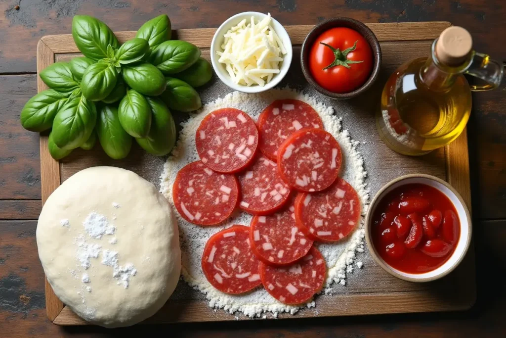 All ingredients for soppressata pizza, including dough, soppressata, mozzarella, tomato sauce, basil, olive oil, and flour, arranged on a rustic wooden table.